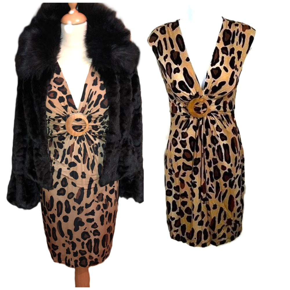 Y2K Caché Dress 4 Leopard Plunge Neck O-Ring Old Hollywood Mob Wife Fatale Sexy